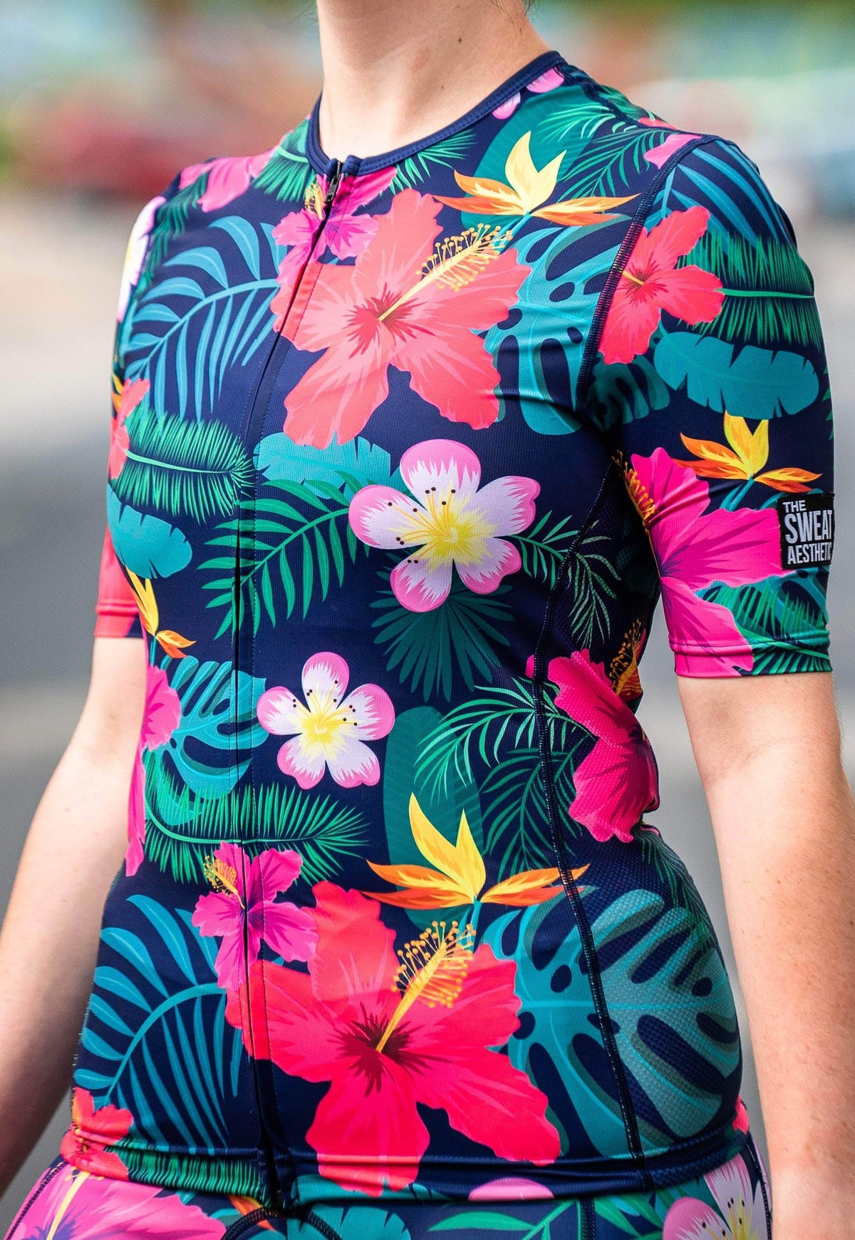 The Sweat Aesthetic Triathlon Short Sleeve Top Extra Small Women&#39;s Triathlon Top - Leilani flowers
